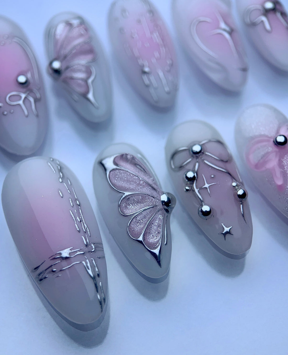 Cyber Blush | Handmade Pink Aura Chrome Bow Butterfly Fairy Press-On Nails