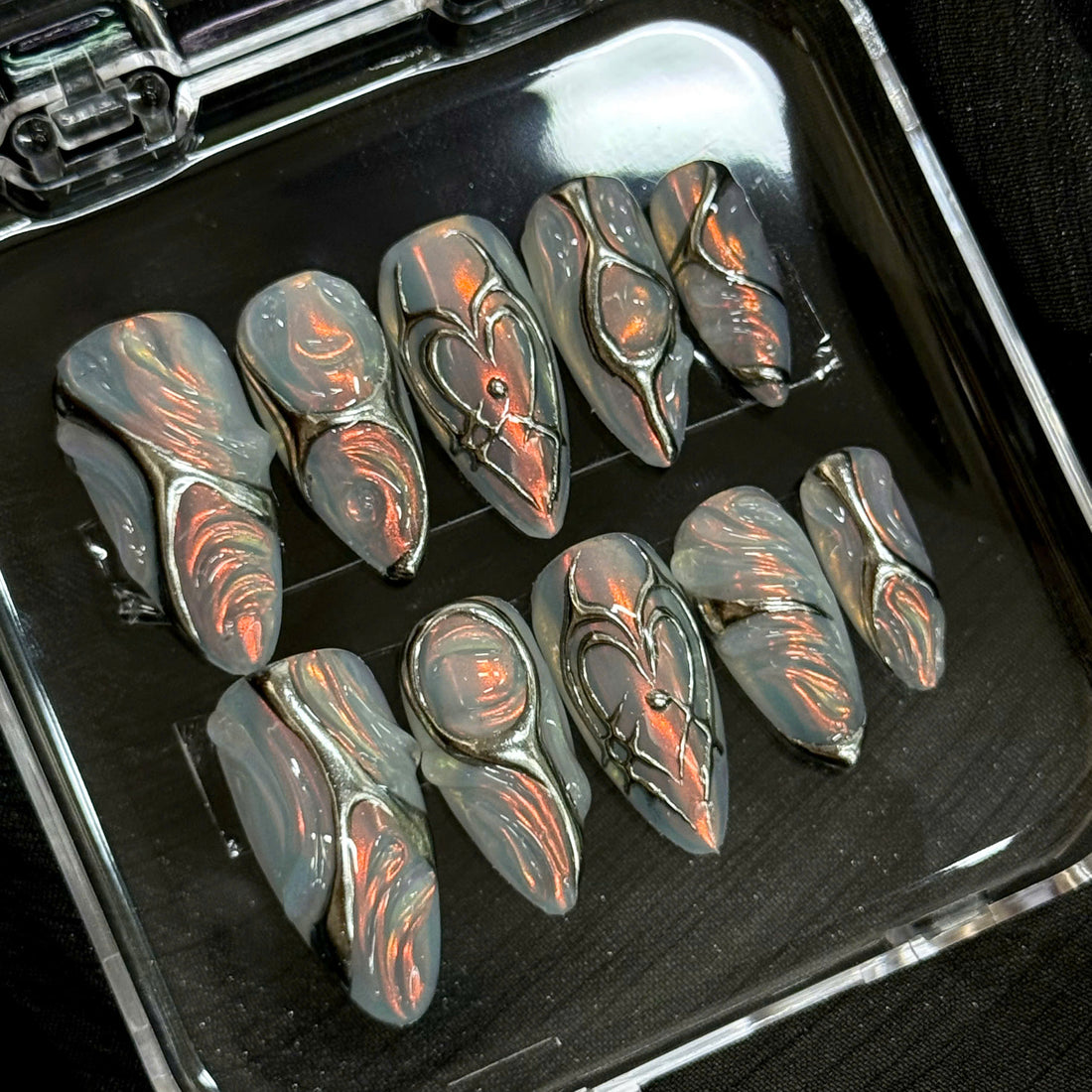 Cyber Chrome | Handmade Y2K Heart Silver Swirl Reusable Press-On Nails