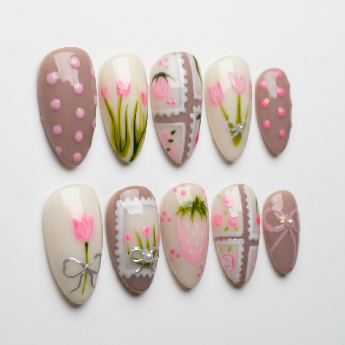 Tulip Ribbon | Handmade Vintage Floral Strawberry Coquette Bow Press-On Nails