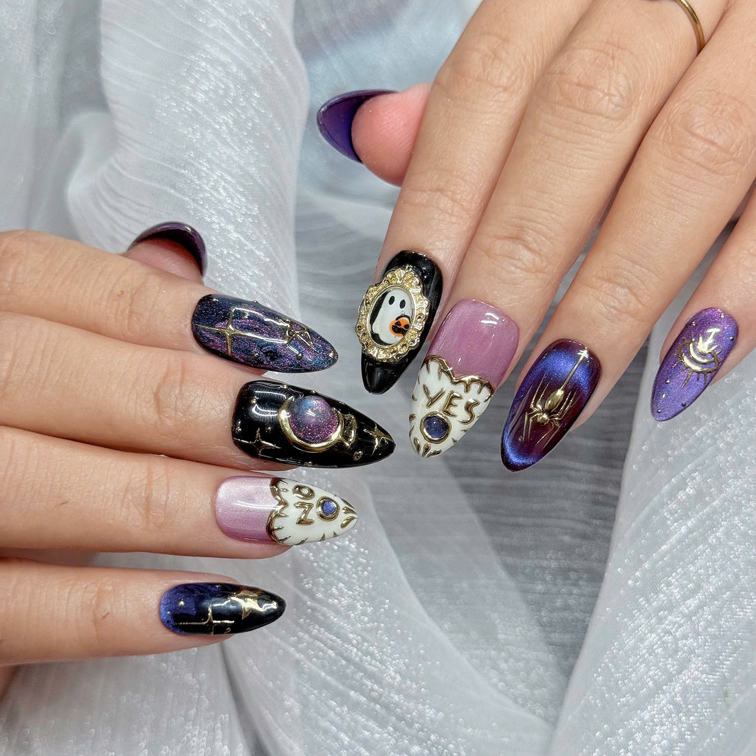 Mystic Ouija | Handmade Purple Cat Eye 3D Celestial Ghost Press-On Nails