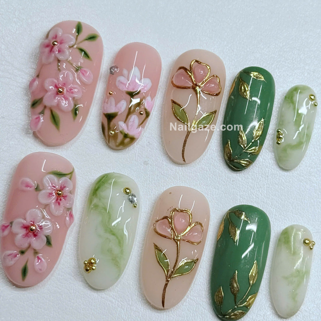 Jade Blossom | Handmade Pink Cherry Green Jade Marble Press-On Nails