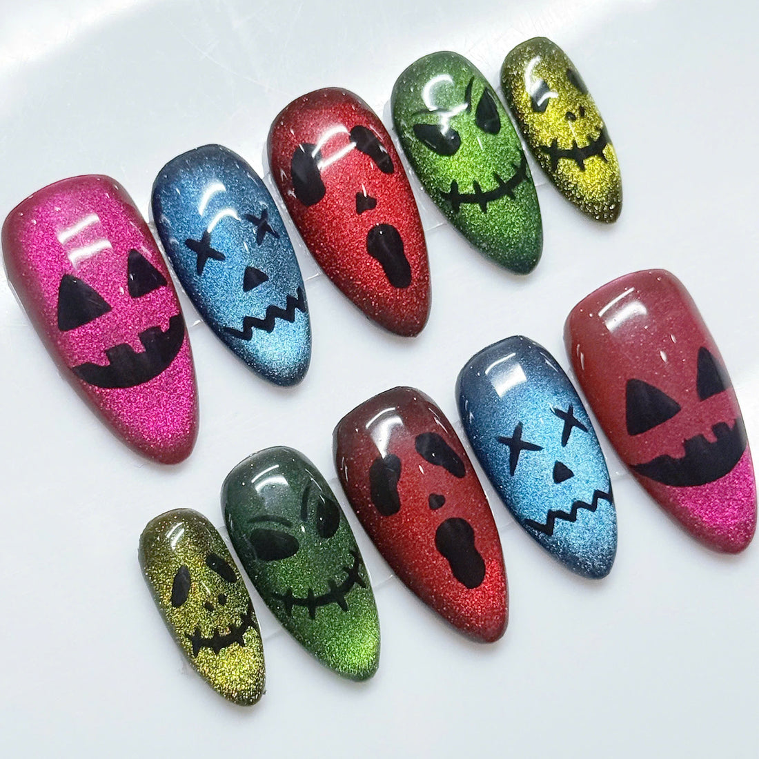 Ghoul Glow | Handmade Colorful Cat Eye Spooky Ghoul Pumpkin Press-On Nails