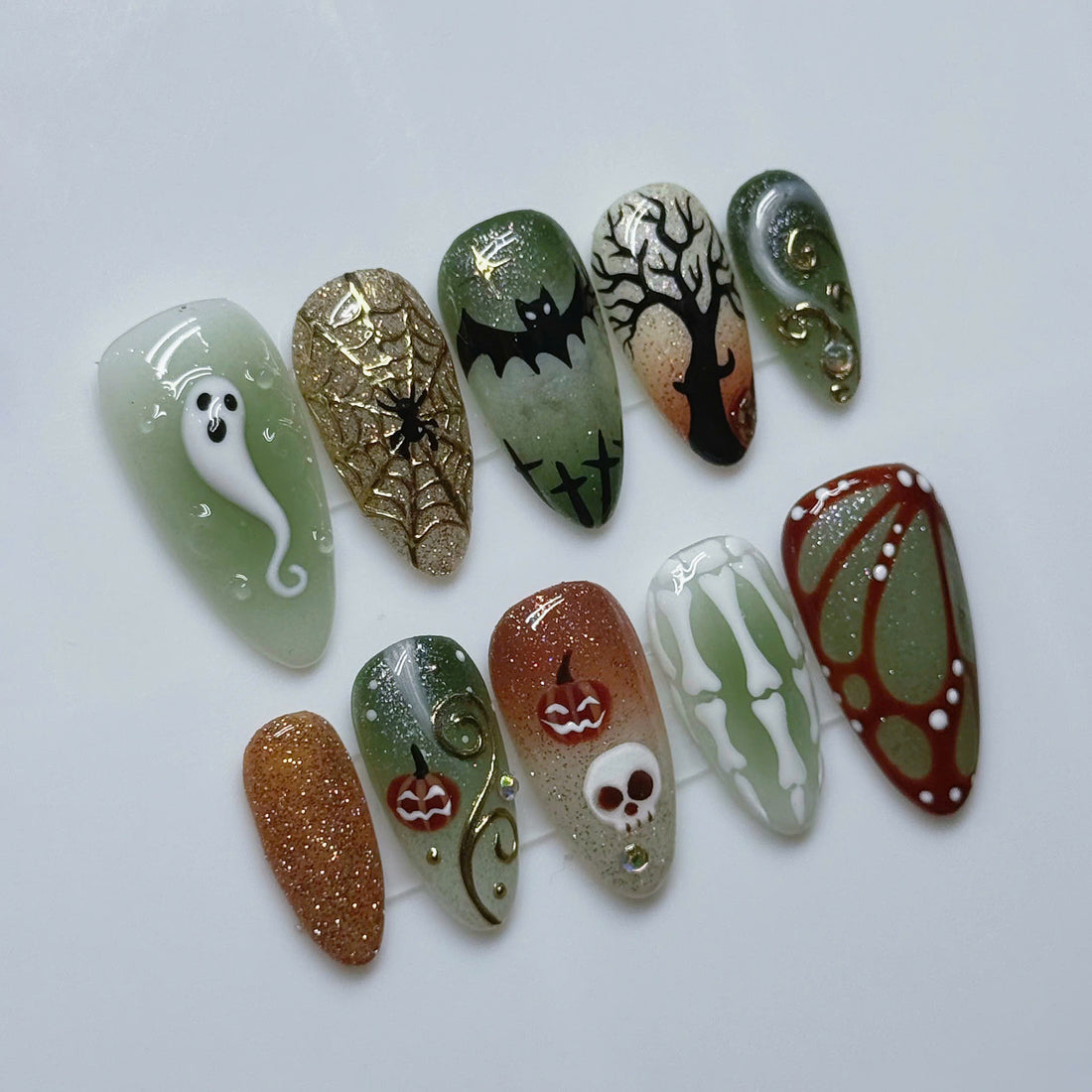 Witchy Graveyard | Handmade Sage Green Copper Ghost Skeleton Press-On Nails