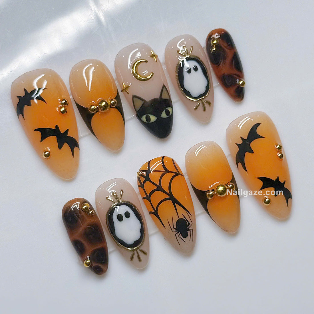 Vintage Spook | Handmade Orange Tortoiseshell Black Cat Ghost Press-On Nails