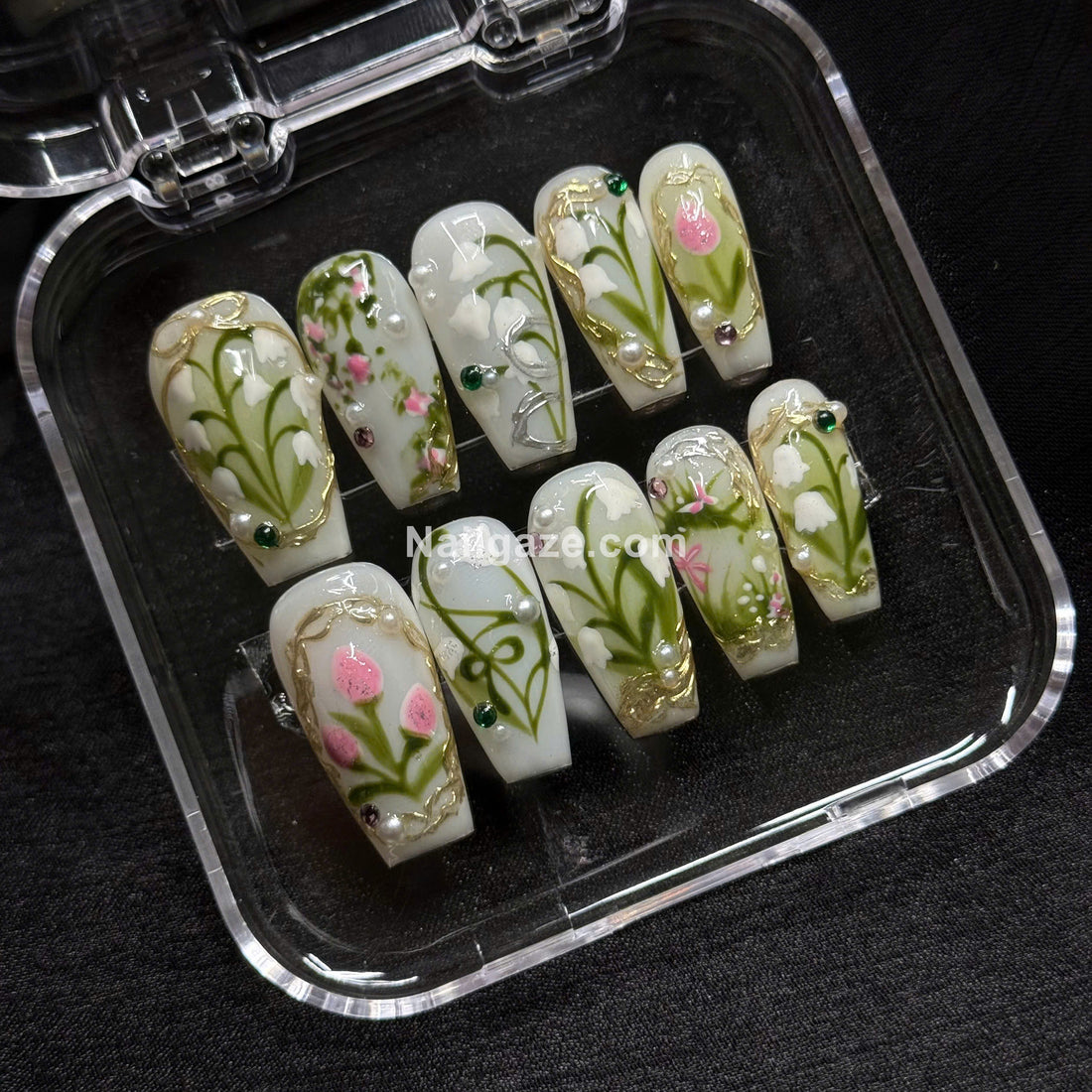 Valley Blossom | Handmade Cottagecore Botanical Lily Gold Chrome Press-On Nails