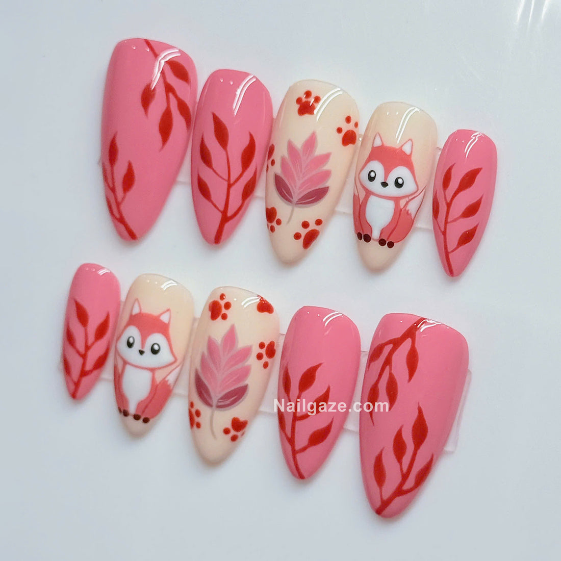 Autumn Fox | Handmade Kawaii Pink Woodland Fox Fall Reusable Press-On Nails