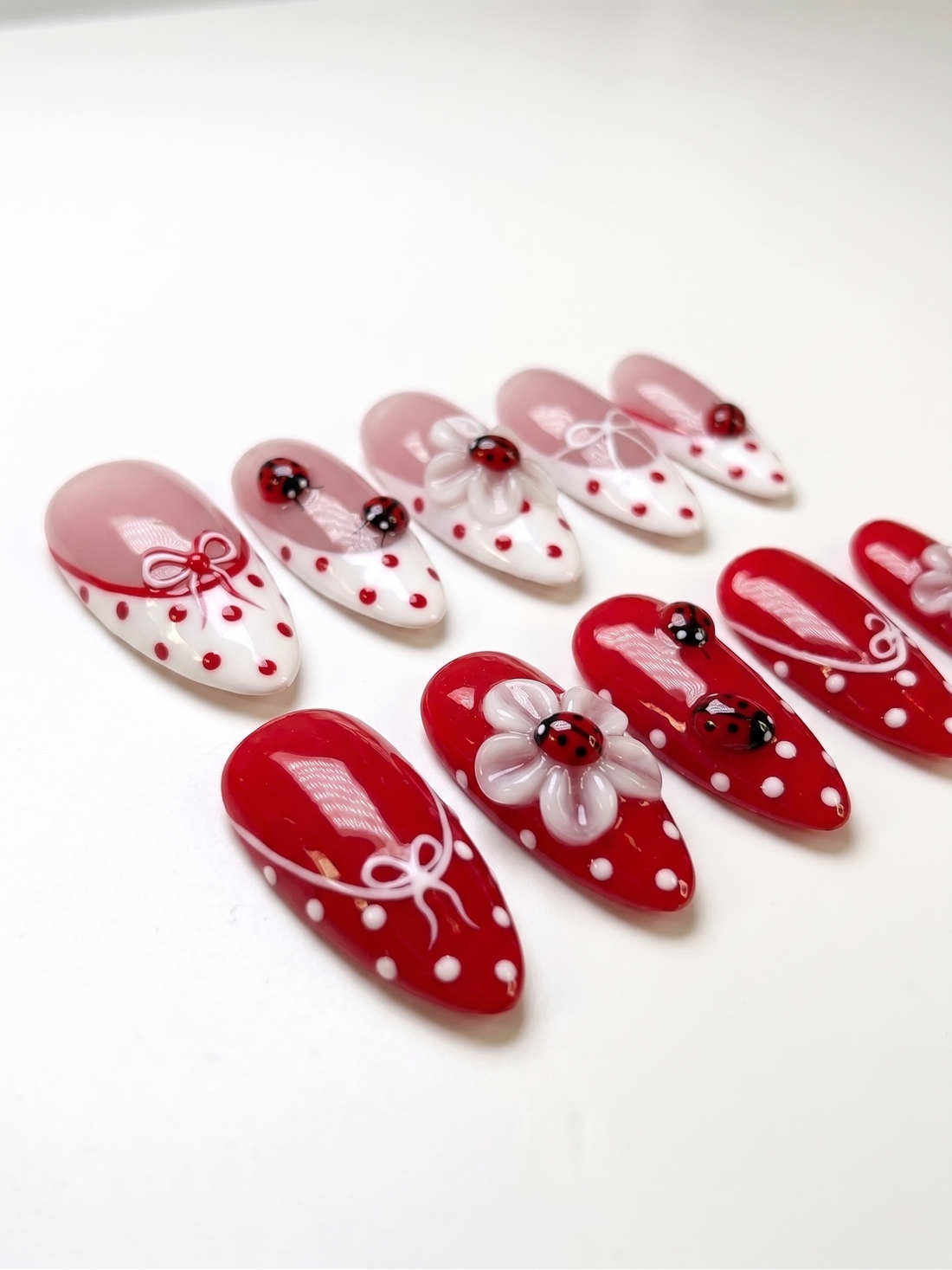 Dotty Ladybug | Handmade Red Polka Dot 3D Floral Coquette Press-On Nails