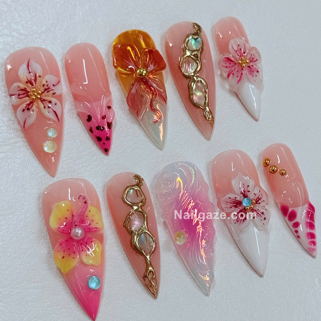 Island Hibiscus | Handmade Tropical Pink Floral Gold Chrome Press-On Nails