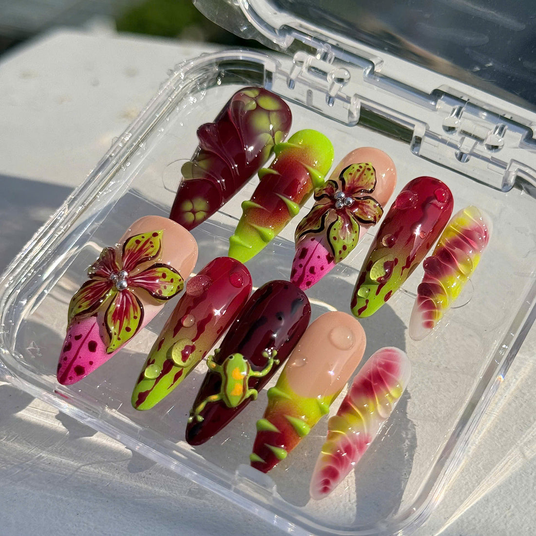 Jungle Bloom | Handmade 3D Frog Floral Green Purple Tropical Press-On Nails