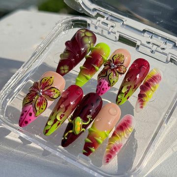 Jungle Bloom | Handmade 3D Frog Floral Green Purple Tropical Press-On Nails
