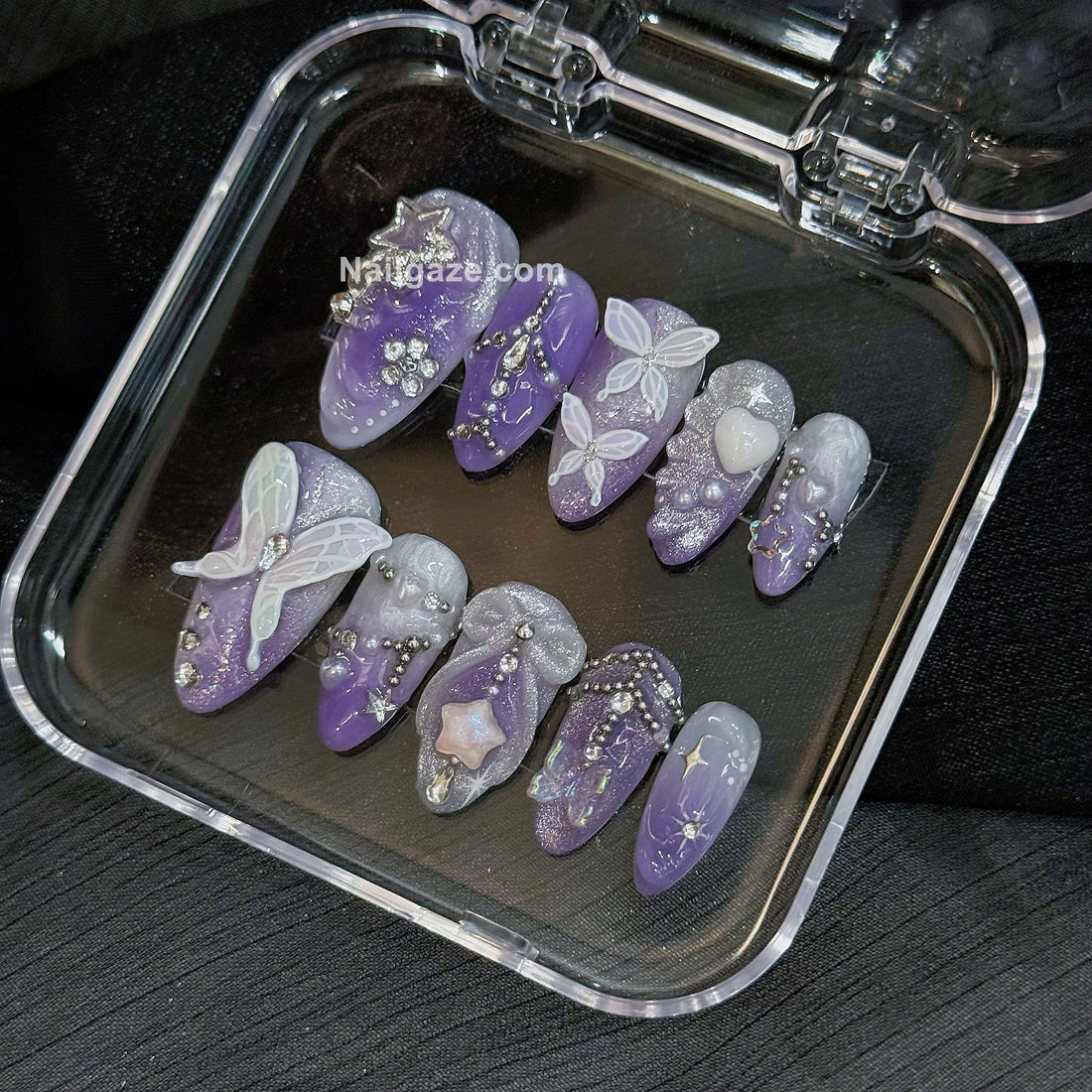 Fairy Glam | Handmade Purple Fairycore 3D Butterfly Rhinestone Press-On Nails