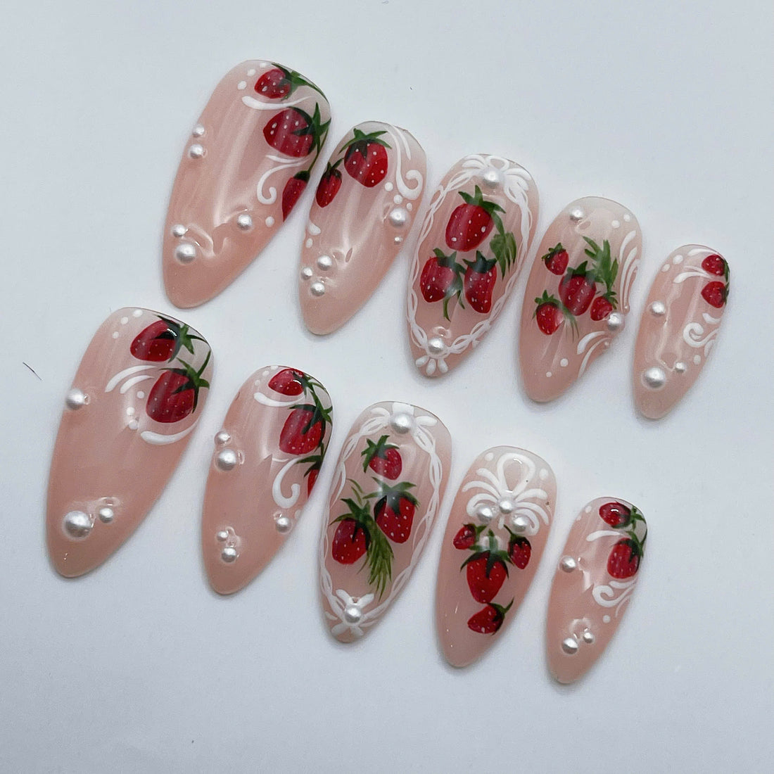 Berry Pearl | Handmade Hand-Painted Strawberry Coquette Pearl Press-On Nails