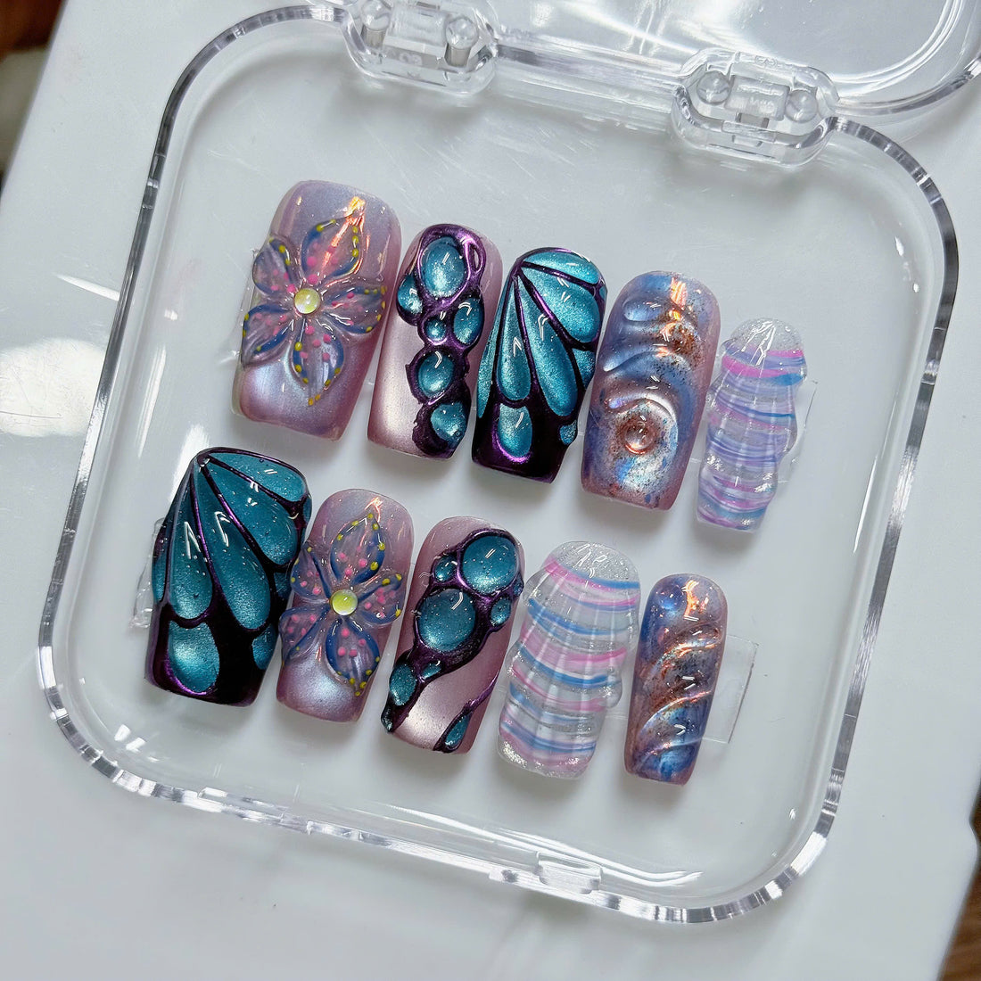 Fairy Whisper | Handmade 3D Butterfly Wing Metallic Floral Chrome Press-On Nails