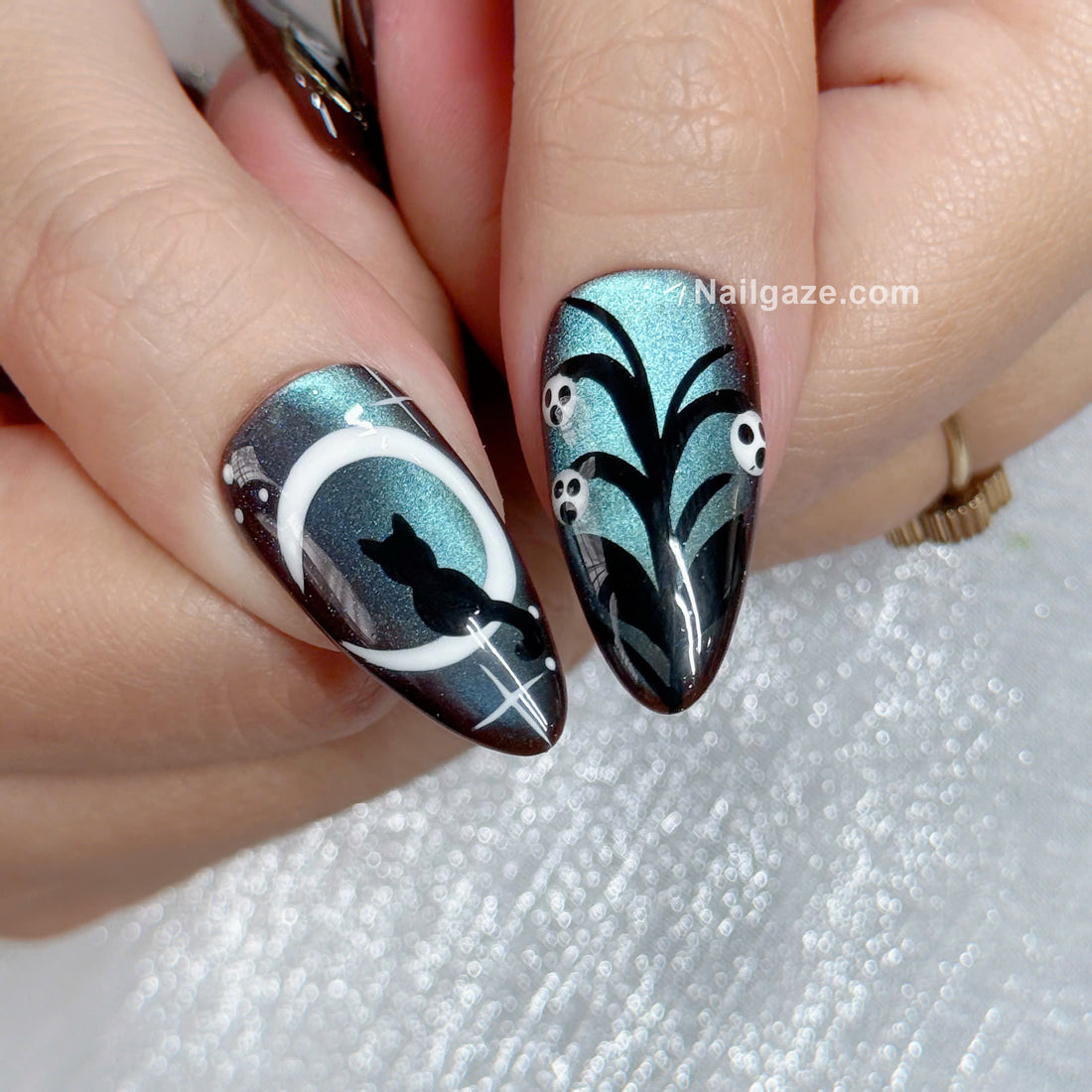 Teal Shadow | Handmade Cute Spooky Ghost Moon Black Cat Press-On Nails