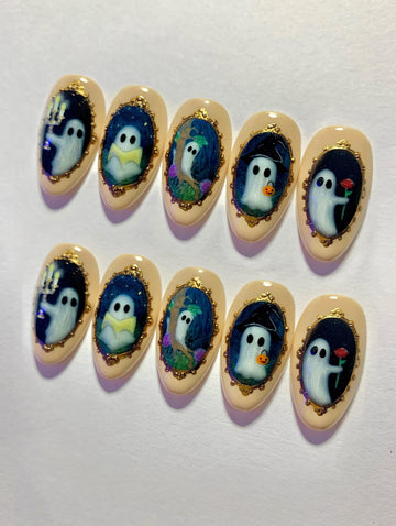 Haunted Glow | Handmade Glow in Dark Ghost Gold Frame Press-On Nails