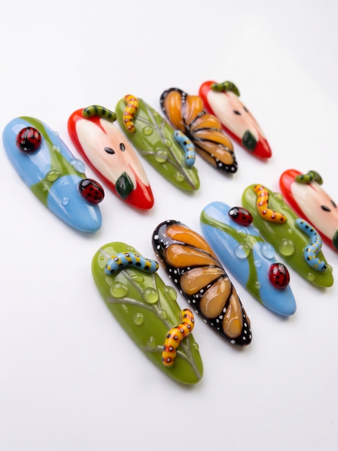 Garden Critters | Handmade 3D Butterfly Ladybug Apple Fruit Press-On Nails