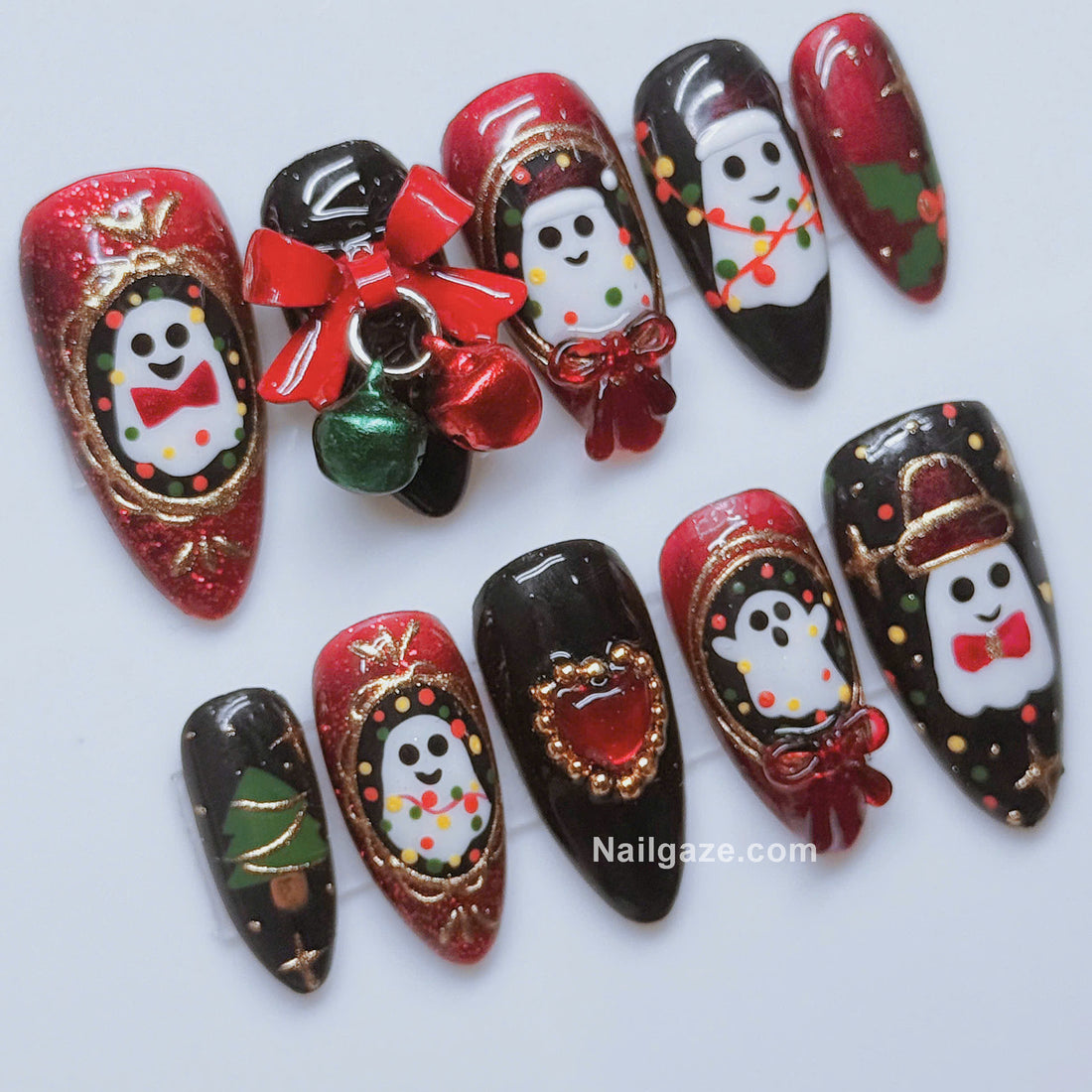 Holiday Haunt | Handmade Spooky Christmas Ghost 3D Bow Bell Press-On Nails