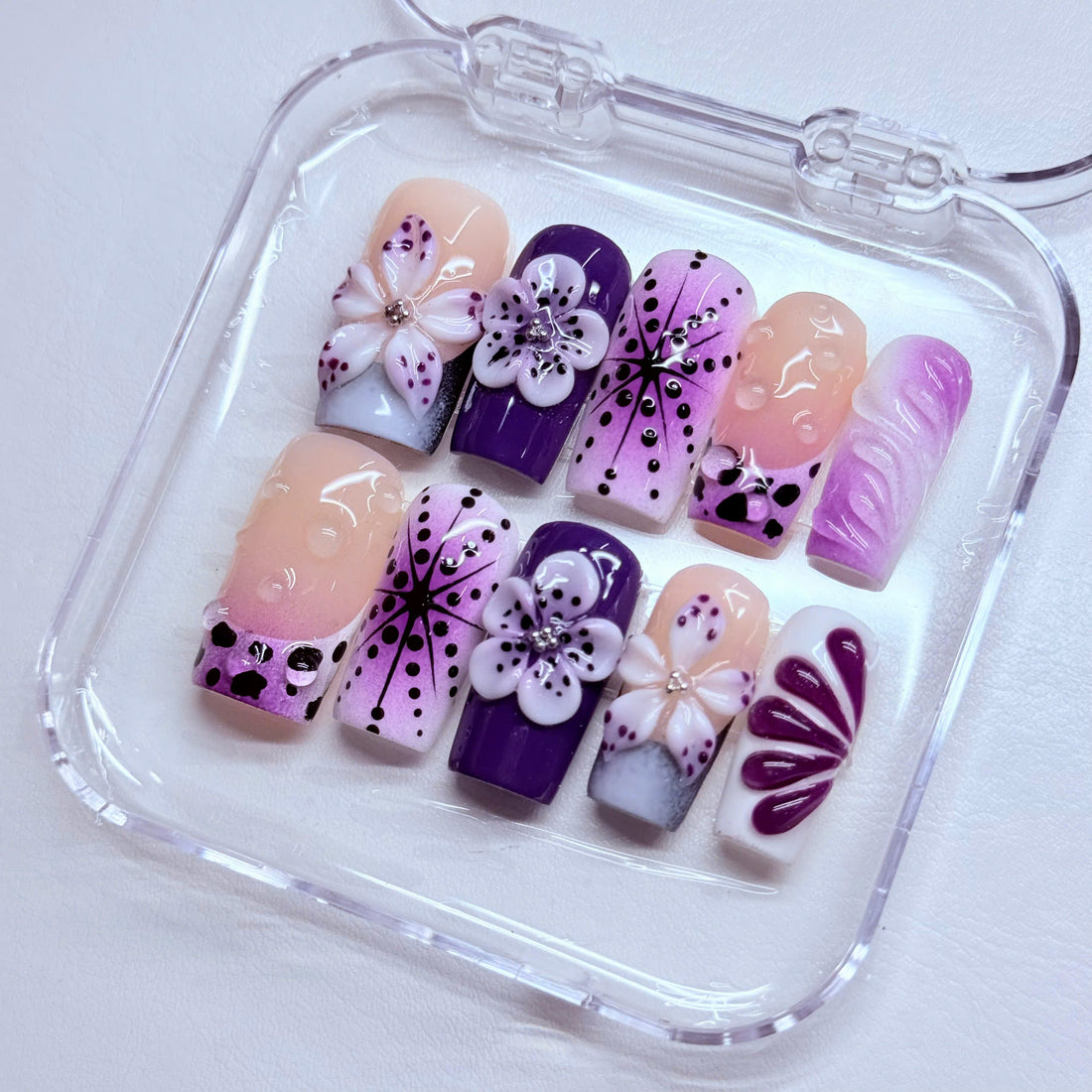 Cyber Violet | Handmade Purple 3D Flower Y2K Star Press-On Nails