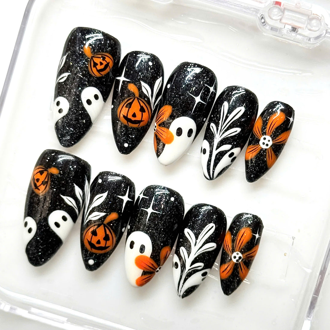 Shadow Blossom | Handmade Black Glitter Spooky Ghost Pumpkin Press-On Nails