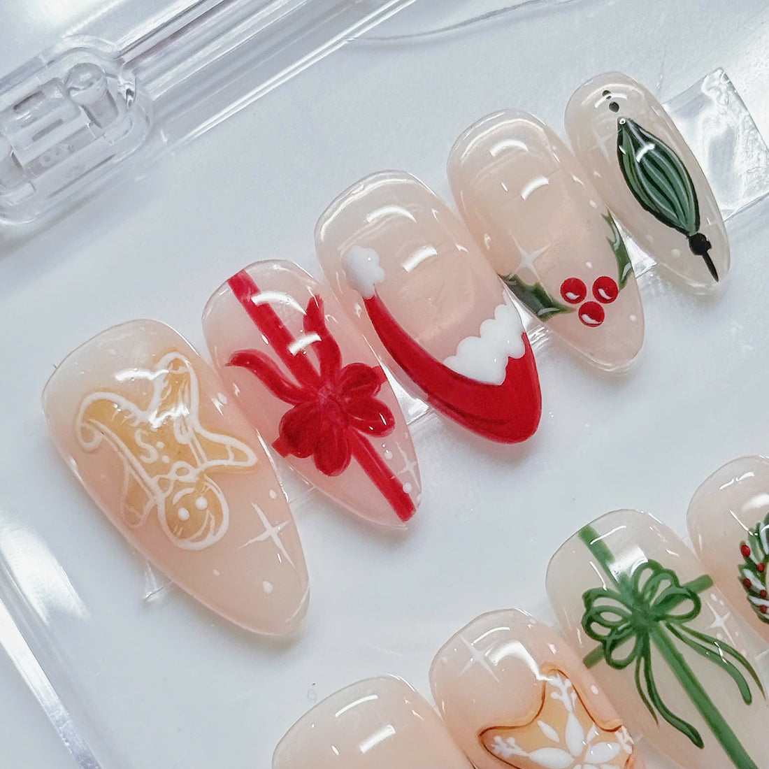 Festive Ribbon | Handmade Christmas 3D Gingerbread Holiday Almond Gel Press-On Nails