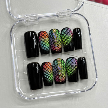 Cyber Viper | Handmade Neon Rainbow Fishnet 3D Snake Press-On Nails