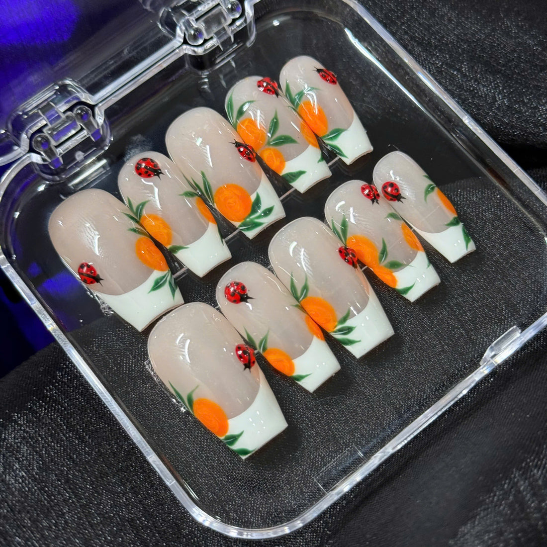 Citrus Garden | Handmade 3D Ladybug Summer Orange French Gel Press-On Nails