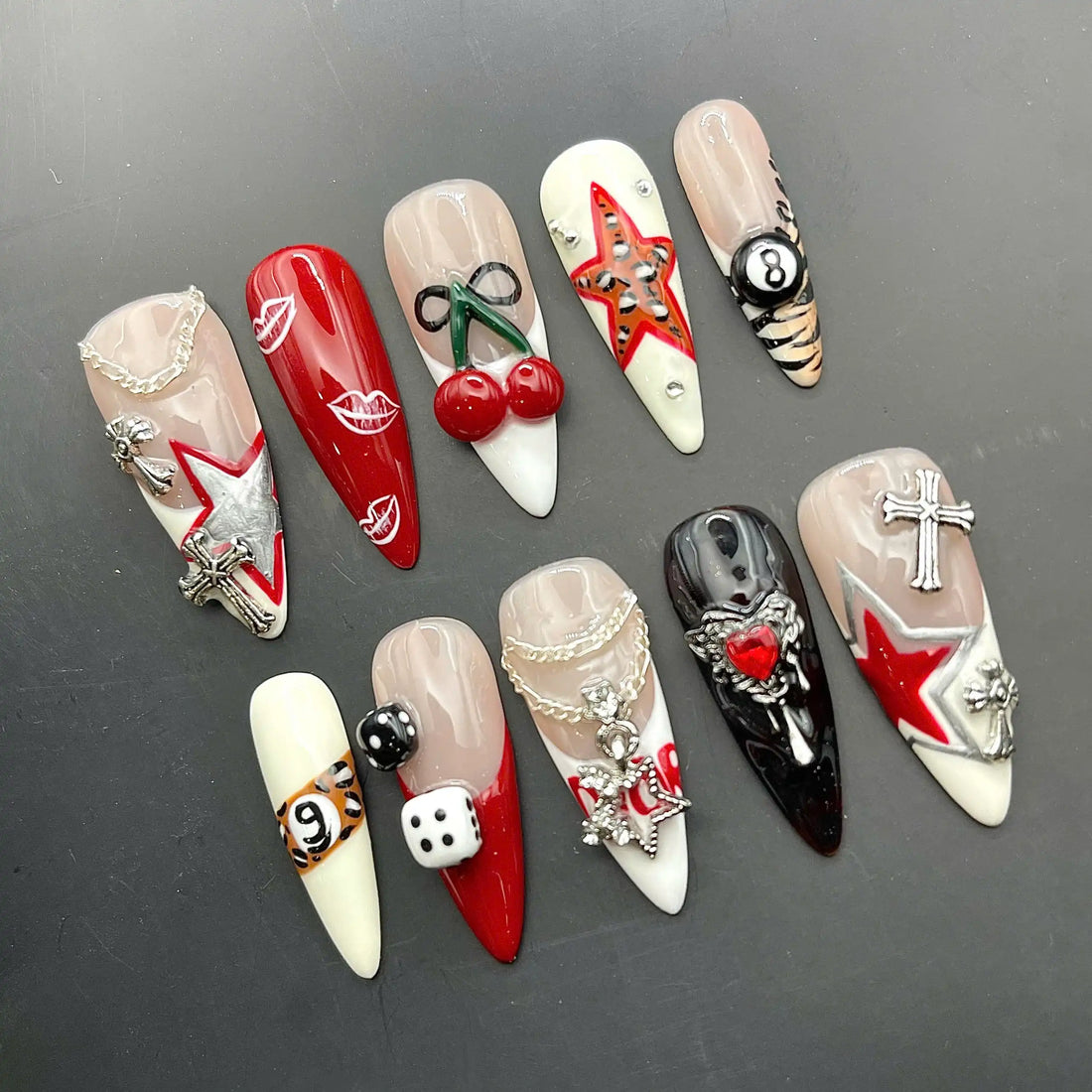 Punk Rock Cherry | Handmade Silver Star & Heart Press-On Nails