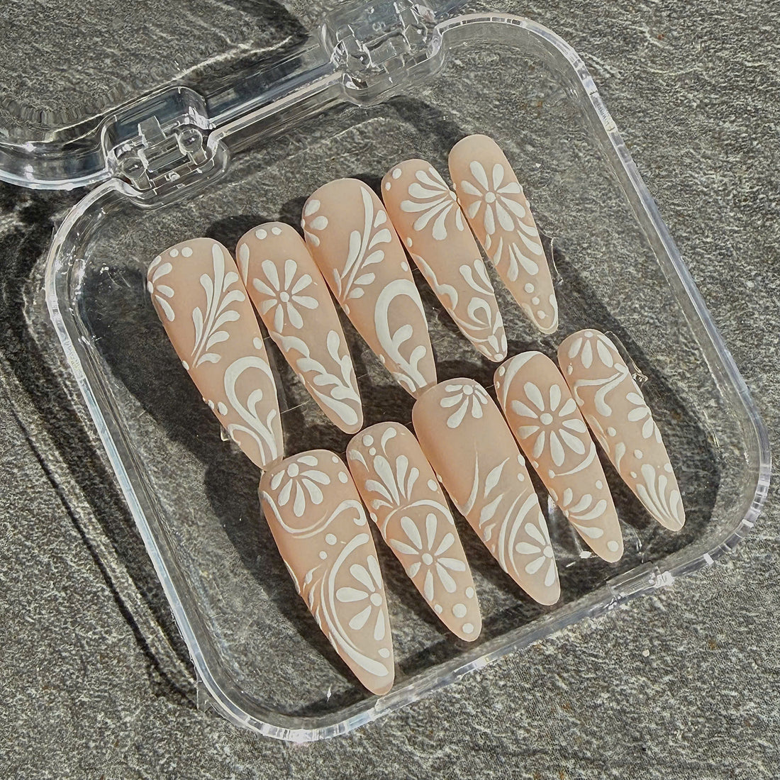 Bridal Lace | Handmade Matte Nude 3D White Vine Floral Press-On Nails