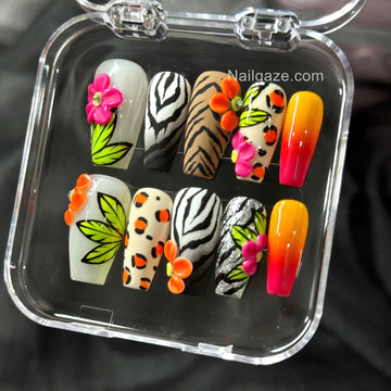 Neon Safari | Handmade Tropical 3D Flower Animal Print Press-On Nails
