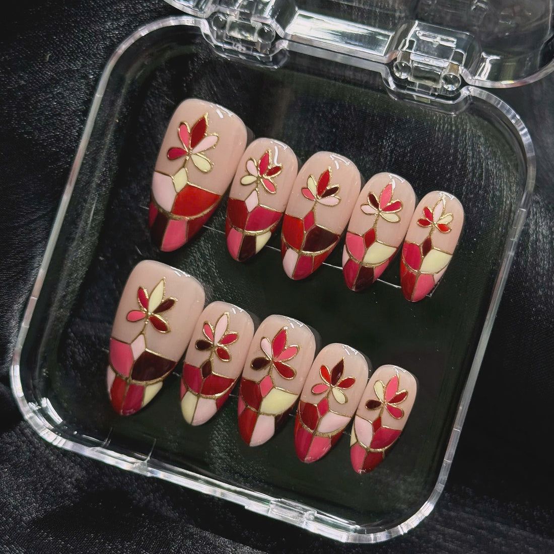 Mosaic Velvet | Handmade Red Stained Glass Art Deco Press-On Nails