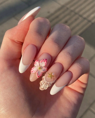 Coastal French | Handmade 3D Seashell Floral Beach Press-On Nails