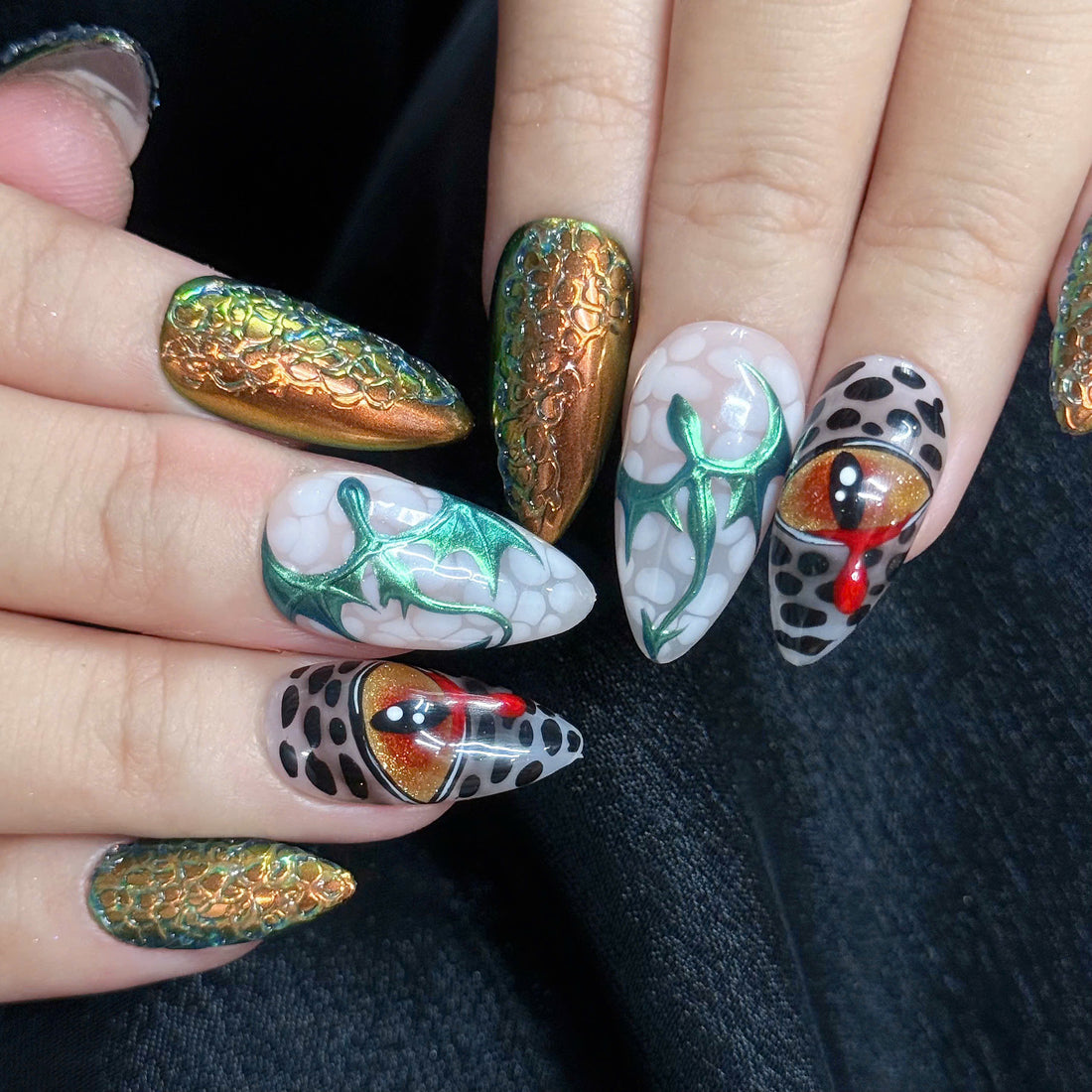 Dragon Egg | Handmade 3D Textured Scale Reptile Eye Chrome Press-On Nails