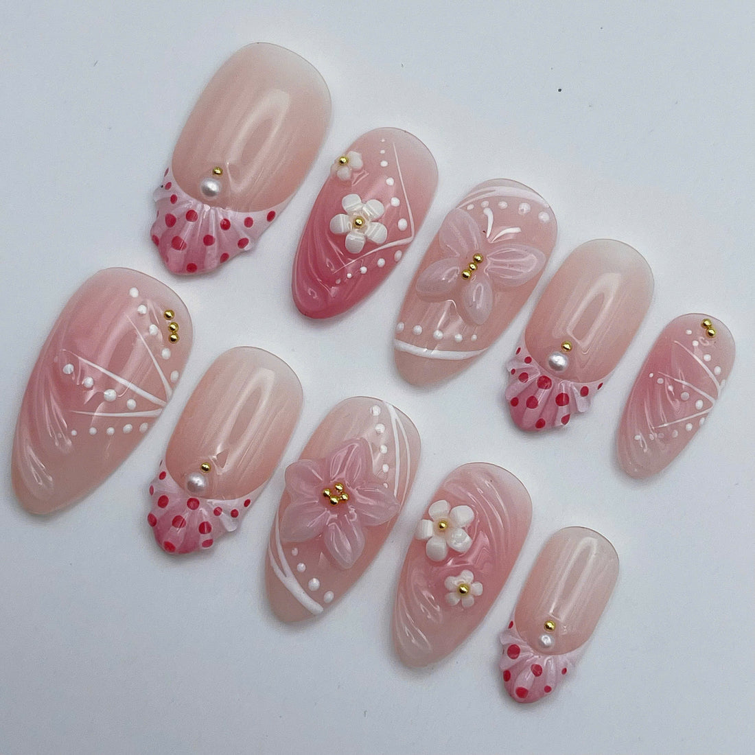 Ruffle Petal | Handmade Pink Coquette 3D Butterfly Polka Dot Press-On Nails