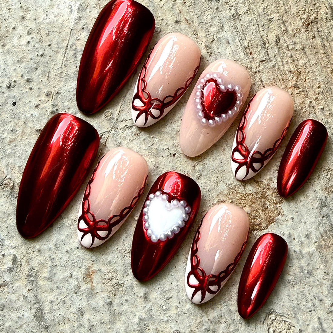 Velvet Romance | Handmade Valentine Red Chrome French Pearl Bow Press-On Nails