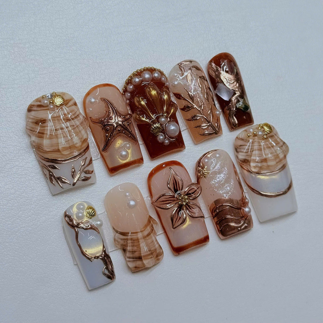 Siren Shore | Handmade 3D Seashell Starfish Ocean Pearl Press-On Nails