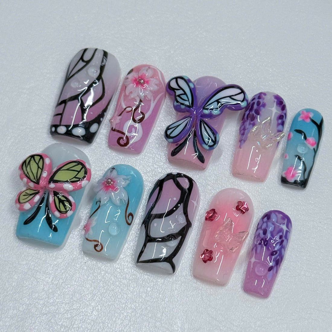 Prism Flutter | Handmade Spring 3D Butterfly Colorful Rhinestone Press-On Nails