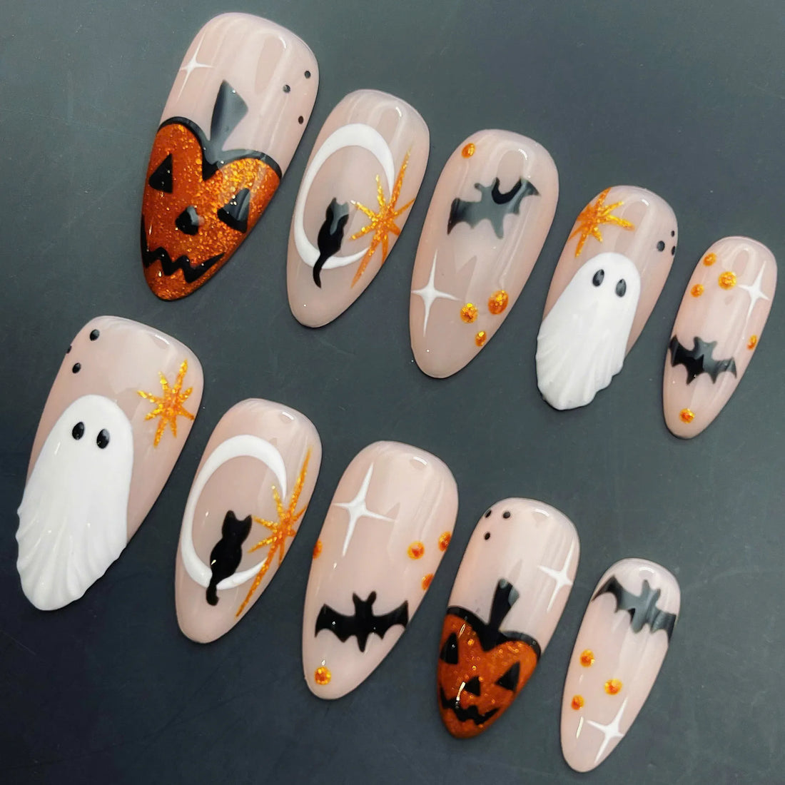Friendly Boo | Handmade Spooky Cute Halloween Ghost Pumpkin Press-On Nails