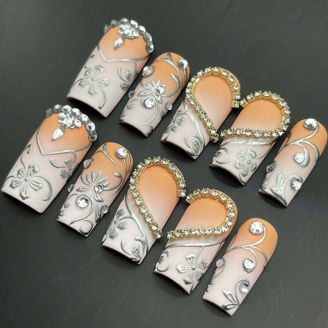 Peach Radiance | Handmade Ombre Silver Chrome Floral Rhinestone Press-On Nails