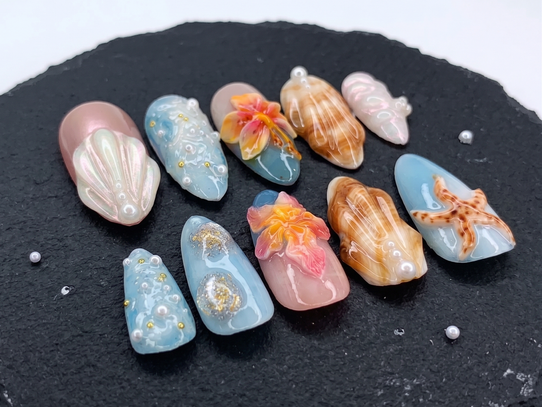 Ocean Siren | Handmade 3D Mermaid Seashell Starfish Hibiscus Press-On Nails