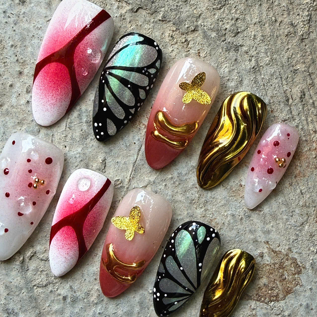 Gilded Monarch | Handmade Red Gold Chrome Butterfly Wing Press-On Nails
