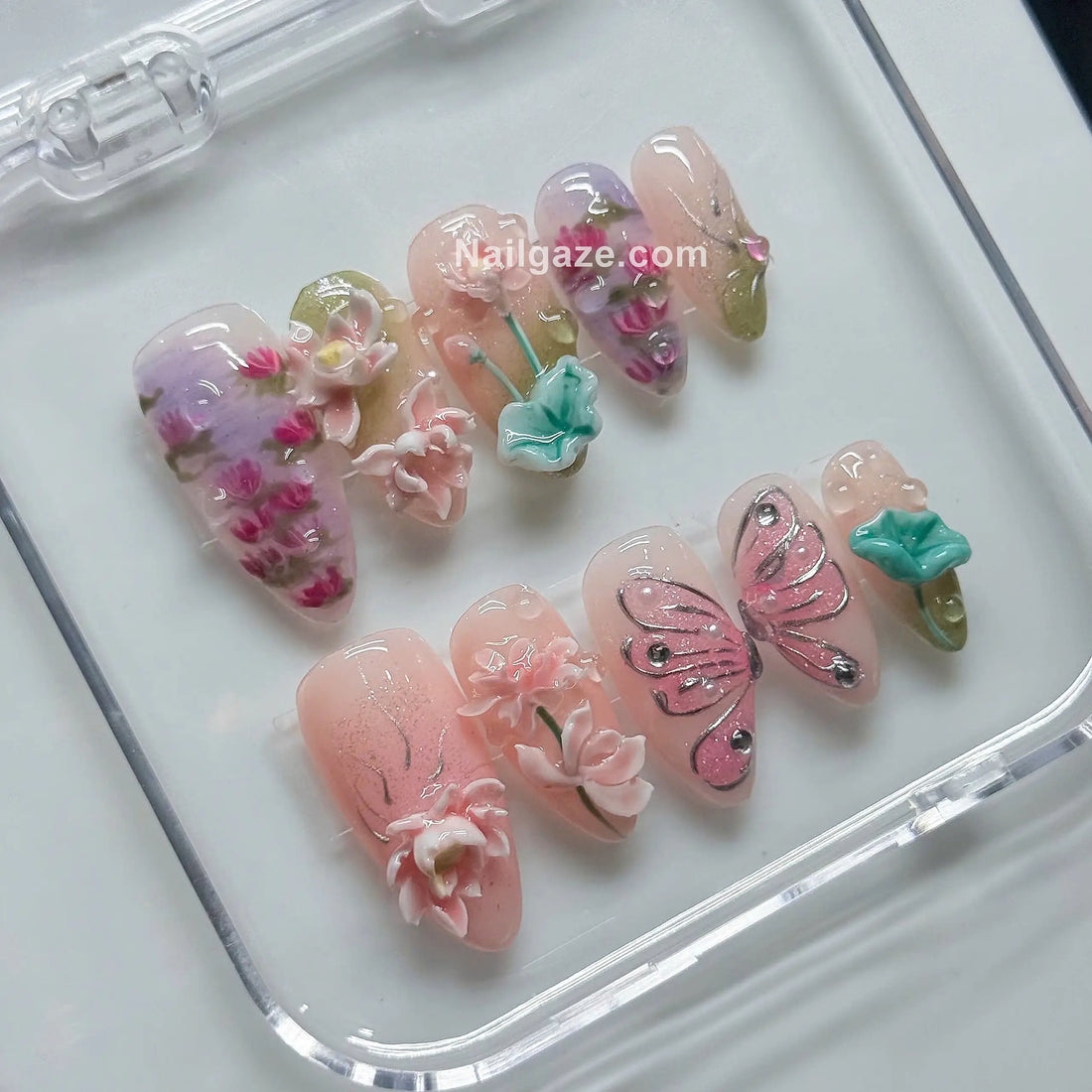 Lotus Whisper | Handmade 3D Lotus Flower Pink Butterfly Pastel Floral Press-On Nails