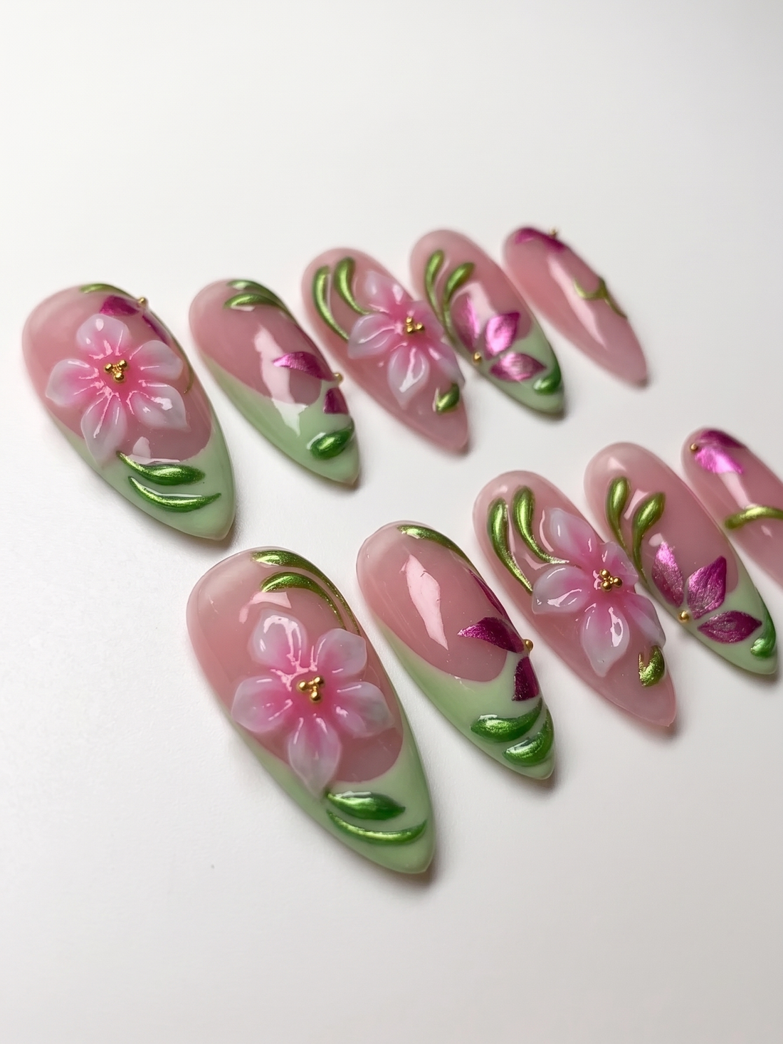 Mint Blossom | Handmade 3D Pink Floral Metallic Pastel Press-On Nails (Copy)