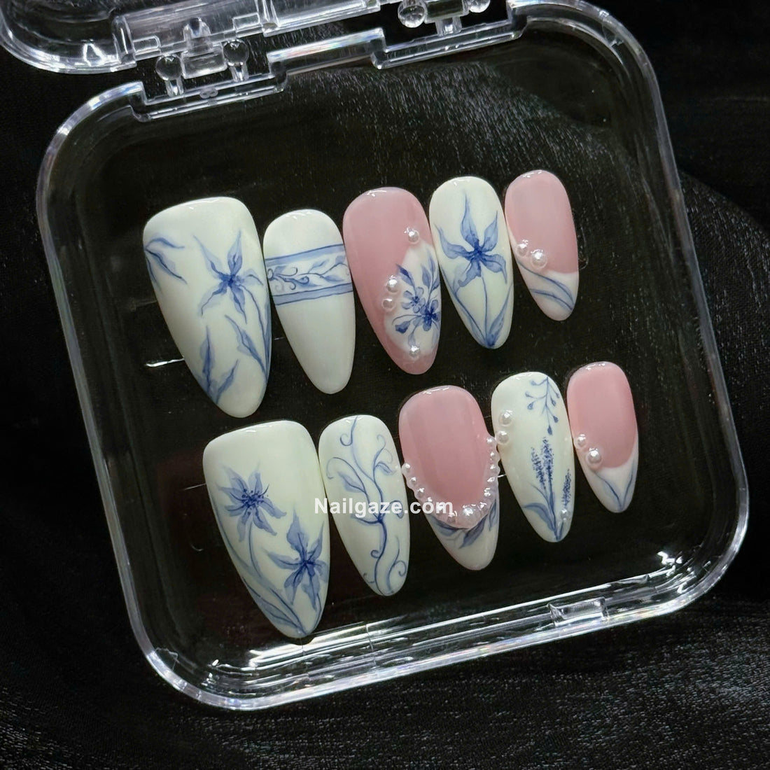 Royal Porcelain | Handmade Watercolor Blue Floral Coquette Pearl Press-On Nails