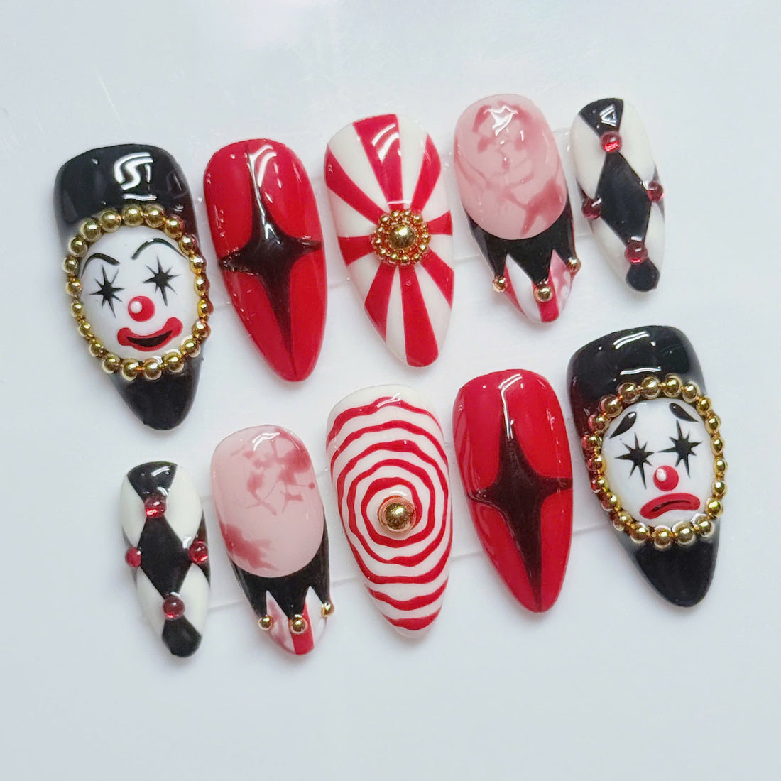 Creepy Circus | Handmade Red Black Horror Clown Halloween Press-On Nails