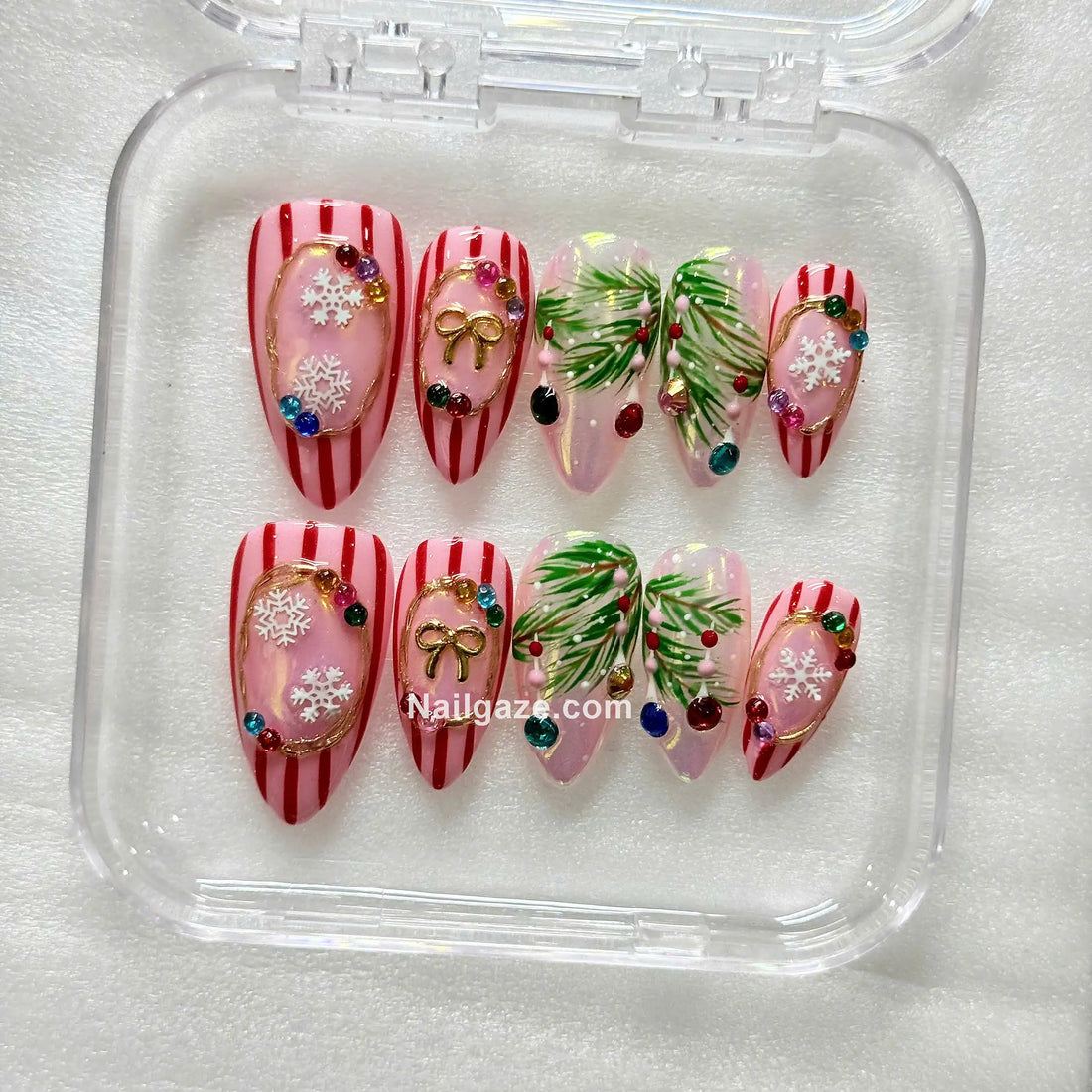 Pine Frost | Handmade Christmas Pine Snowflake Red Stripe Wreath Press-On Nails