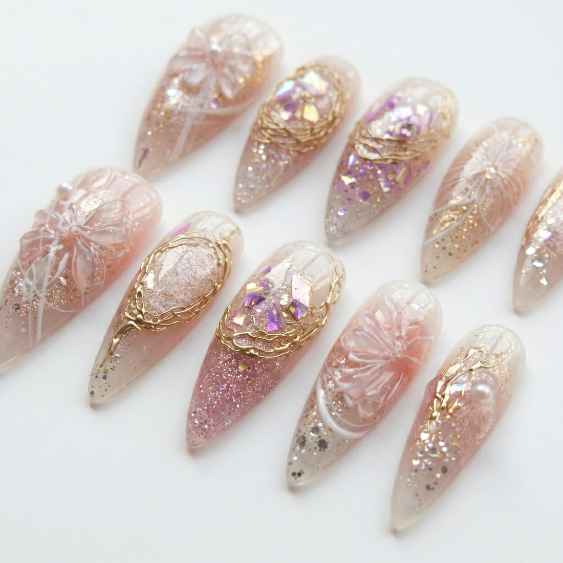 Golden Peony | Handmade Pink Gold Floral Reusable Gel Press-On Nails