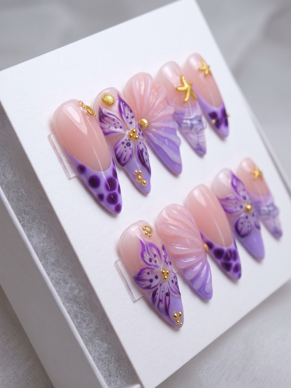 Siren Bloom | Handmade Purple Mermaid 3D Seashell Starfish Press-On Nails