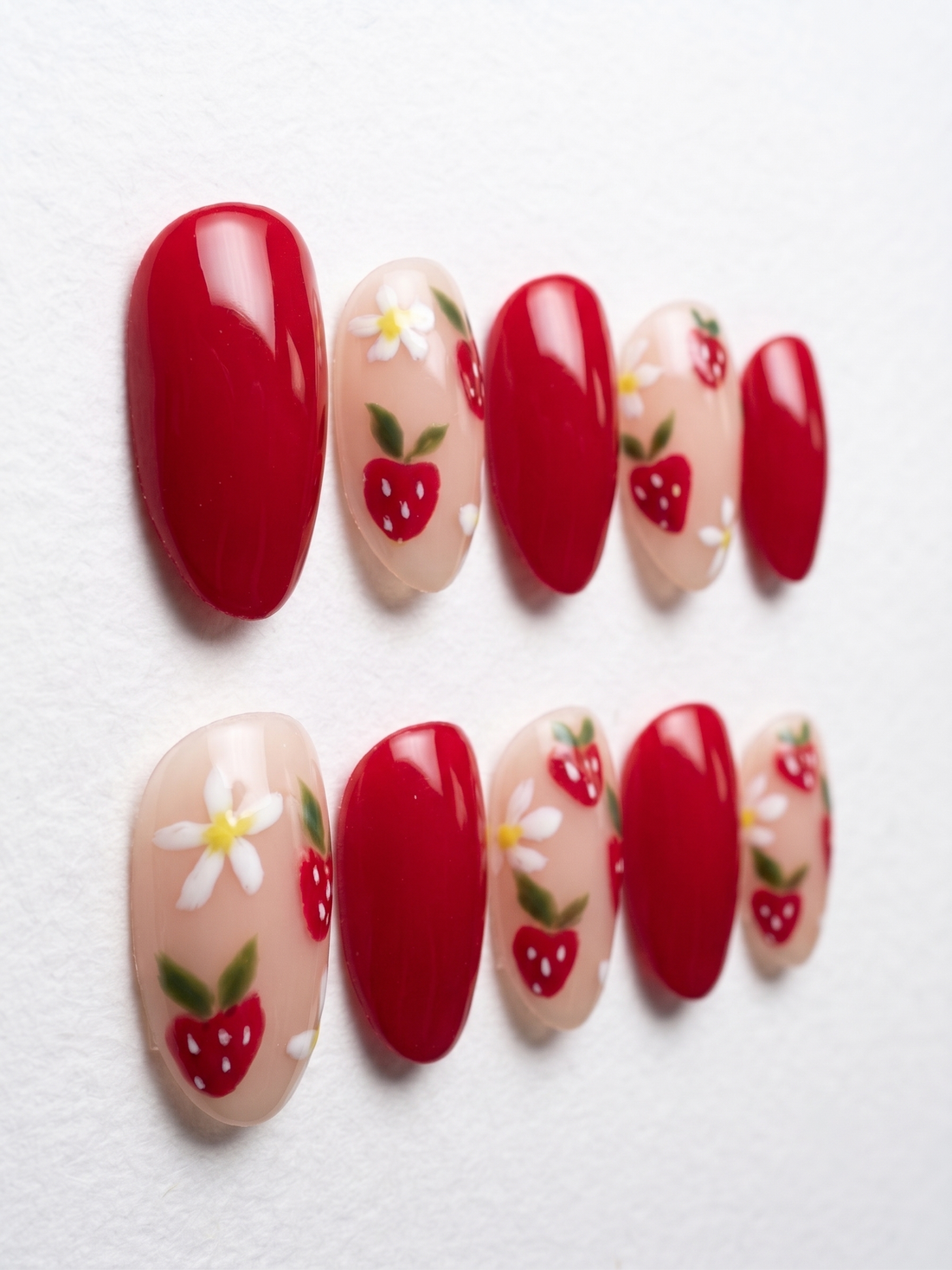 Sweet Berry | Handmade Red Strawberry Summer Fruit Floral Press-On Nails