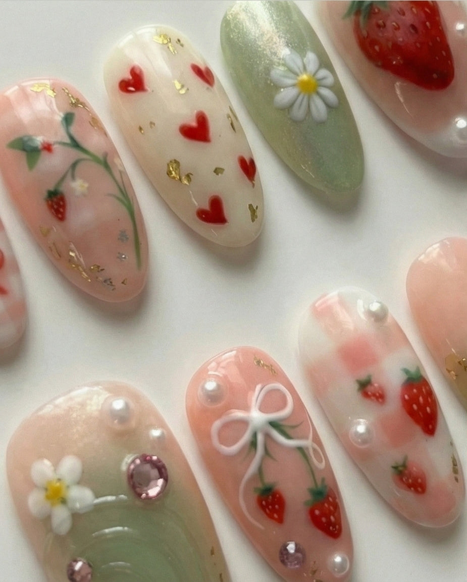Picnic Blossom | Handmade Spring Daisy Strawberry Floral Garden Press-On Nails (Copy)