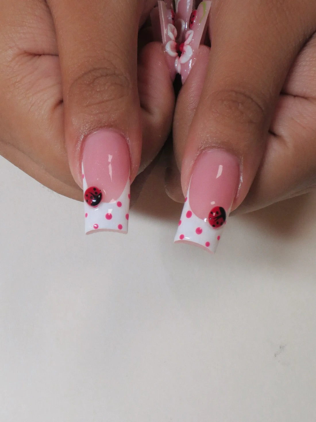 Ladybug Bloom | Handmade 3D Floral Pink Polka Dot Bow Gel Press-On Nails